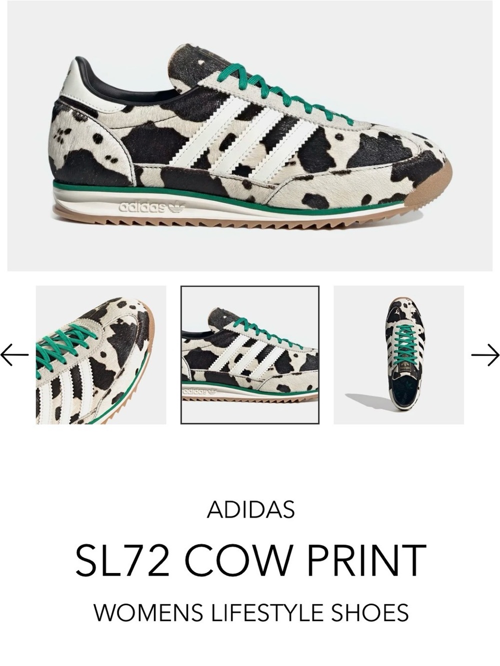 adidas Cow Print Sneakers w/ Green Laces - 7.5 - like new / pony hair (runs big)